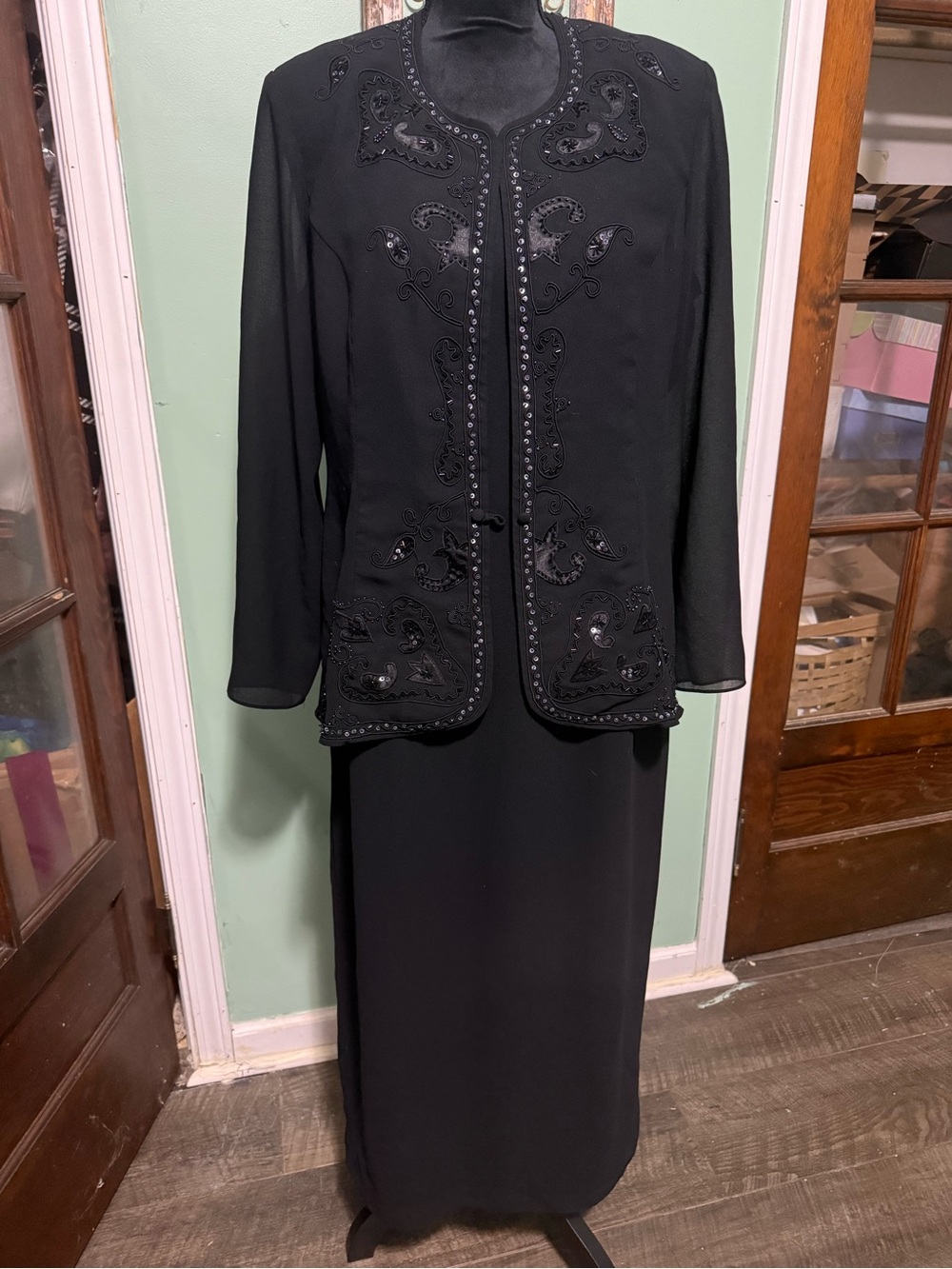 RM Richards Black Beaded Jacket Dress Set evening gown mother of bride sz 16